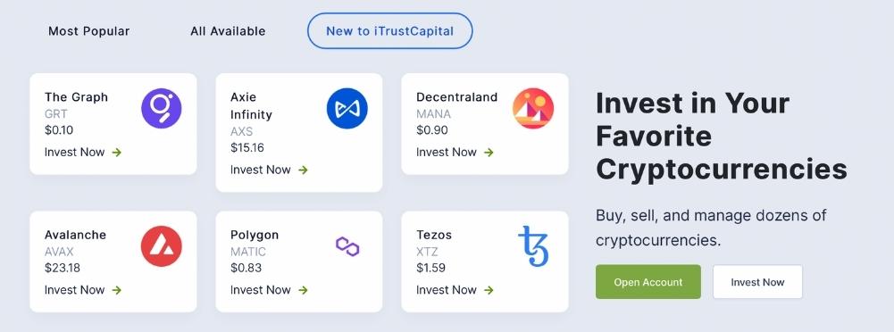 iTrustCapital Available Cryptocurrency and Investable Assets Feature